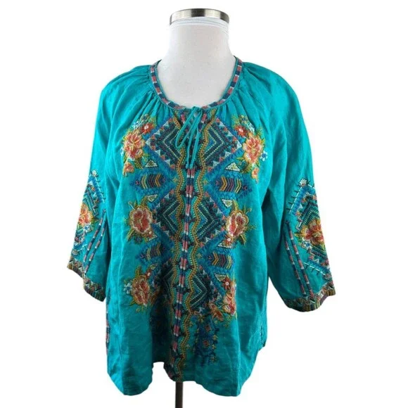 Johnny Was Linen Sentrie Peasant Blouse Floral Embroidered Blue 3/4 Sleeve XXL - Picture 16 of 16